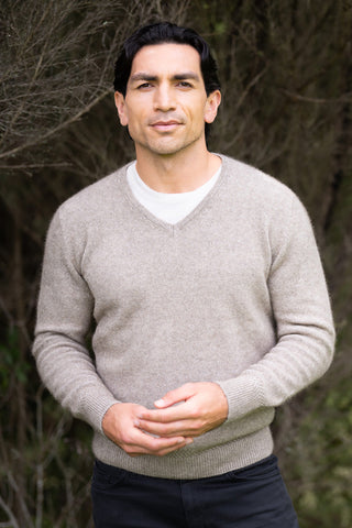 Possum Merino Rack Stitch V-Neck Jersey