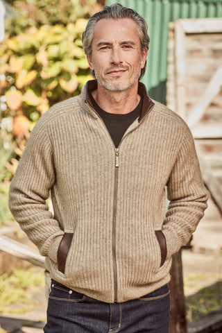 Rib Zip Jacket with Leather Trim