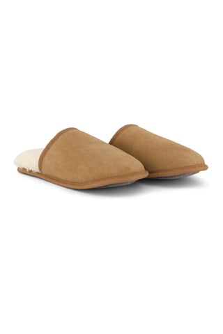 Pair of brown slippers with white sheepskin lining on a white background