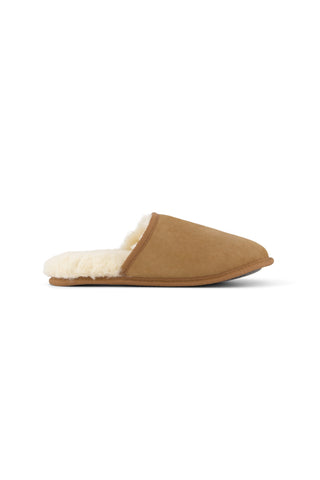 Pair of brown slippers with white sheepskin lining on a white background