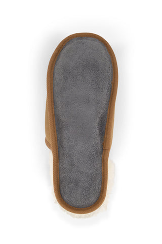 Botton of slippers with white sheepskin lining on a white background