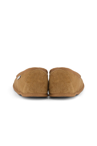 Pair of brown slippers with sheepskin lining on a white background