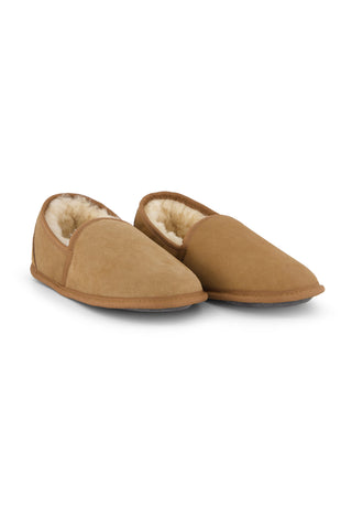 Pair of brown slippers with sheepskin lining on a white background