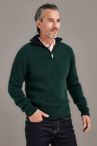 Man wearing a green sweater with a gray background