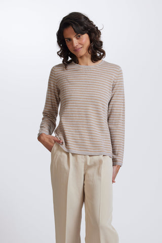Tuck Stitch Stripe Jumper in Light Sand Nougat by Royal Merino