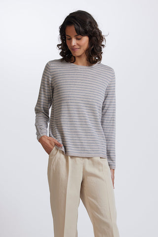 Tuck Stitch Stripe Jumper in Light Sand Pewter by Royal Merino