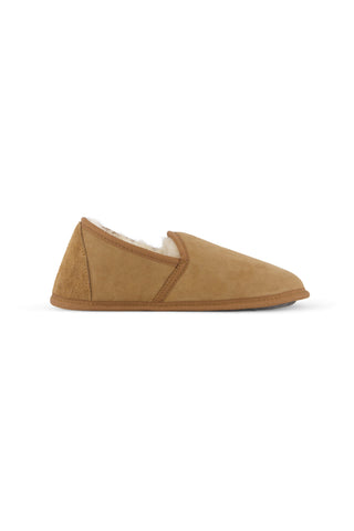 Pair of brown slippers with sheepskin lining on a white background