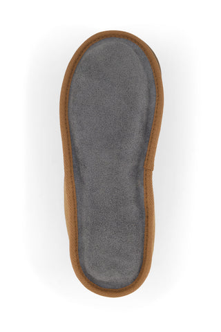 Pair of brown slippers with sheepskin lining on a white background