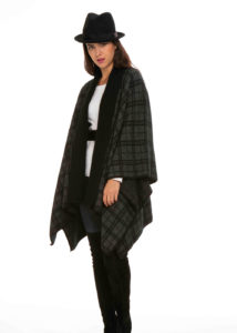 possum merino cape detachable hood grey black tartan - ecowool