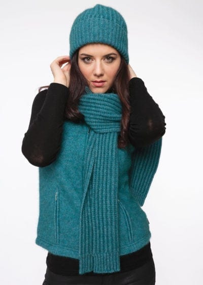 Possum merino ribbed scarf and pom pom beanie lagoon marine by Ecowool
