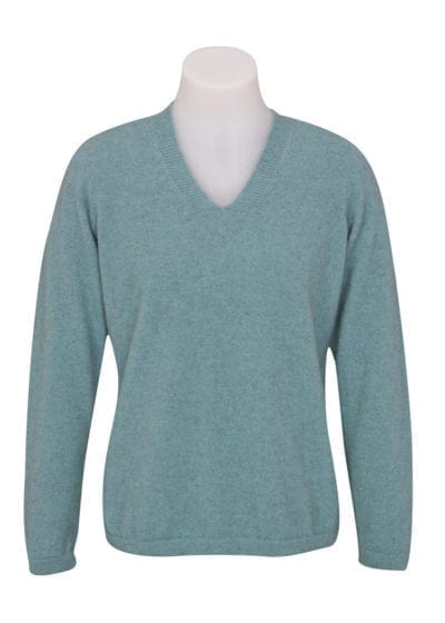 Merino wool womens V neck plain sweater -Topaz