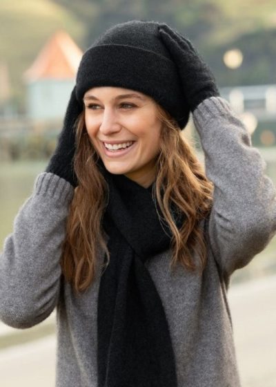 possum merino unisex beanie scarf glove black - ecowool