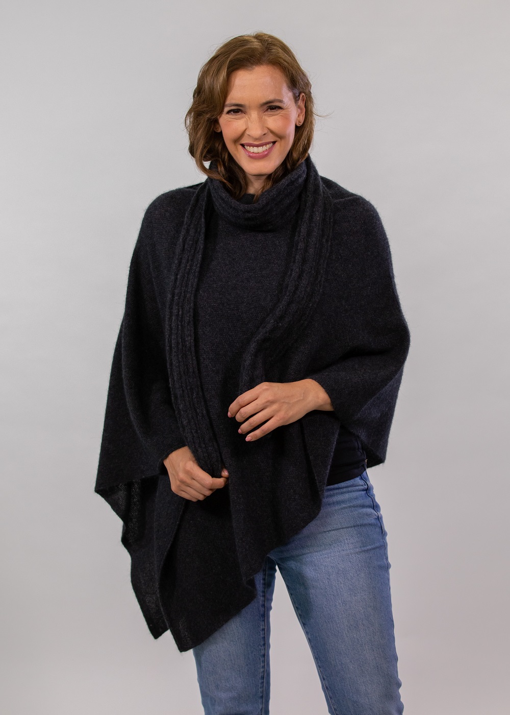 possum merino two way poncho & cable scarf charcoal - ecowool