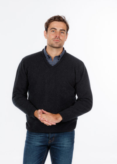 possum merino vee neck plain sweater charcoal ecowool