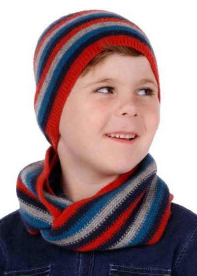 possum merino child striped beanie scarf ruby - ecowool