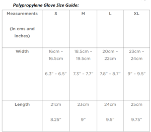 Polypropylene glove size chart - ecowool