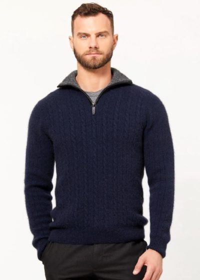 possum merino cable jersey navy pewter with leather trim- ecowool