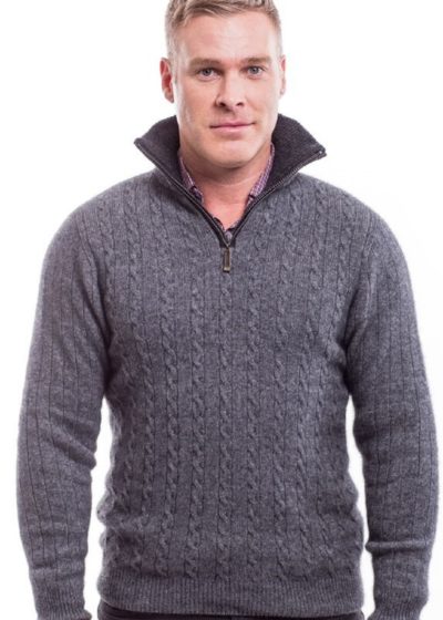 possum merino cable jersey pewter charcoal with leather trim- ecowool