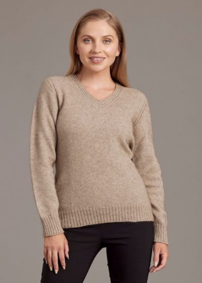 possum merino rib v-neck jersey mocha - ecowool