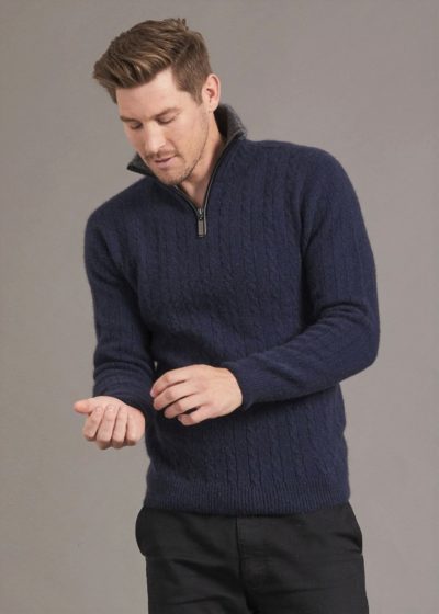 possum merino cable jersey navy pewter trim- ecowool