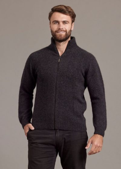 possum merino rib front jacket charcoal - ecowool