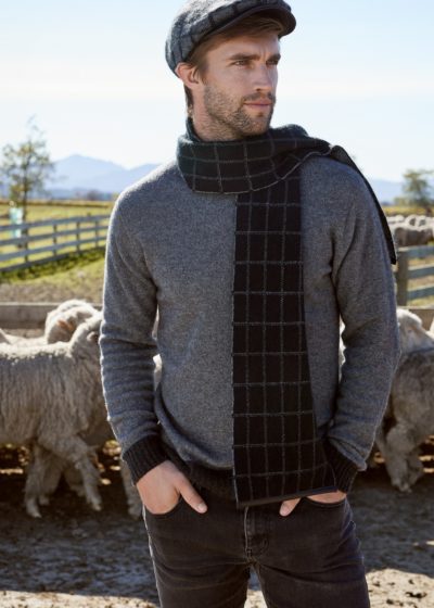 possum merino check scarf with lambskin trim charcoal pewter - ecowool
