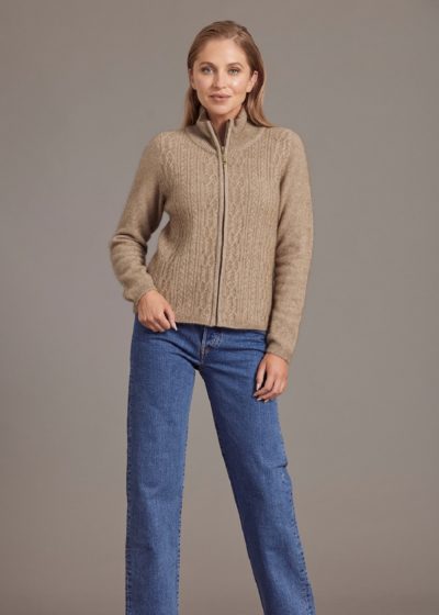 Possum Merino Cable Zip Jacket mocha Ecowool