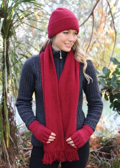 possum merino double scarf beanie raspberry ecowool