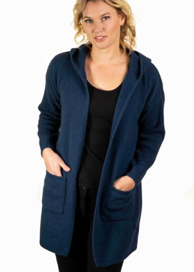 possum merino hooded long cardigan admiral ecowool