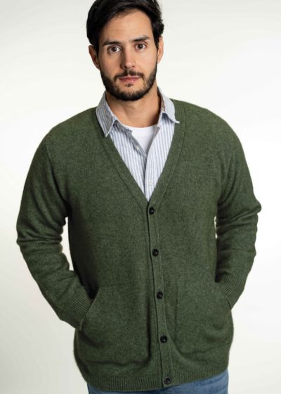 possum merino v-neck cardigan moss ecowool