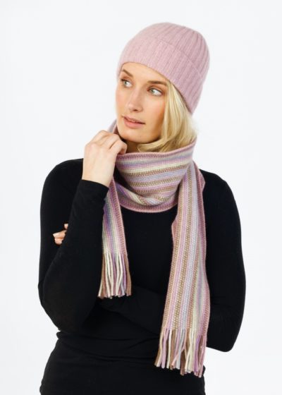 possum merino multi striped scarf ribbed beanie blossom ecowool