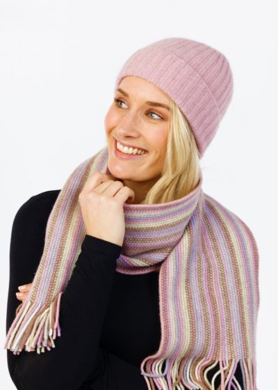 possum merino rib beanie multi stripe scarf blossom ecowool
